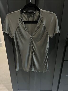 Theory Olive Green V-Neck Button-Front Top